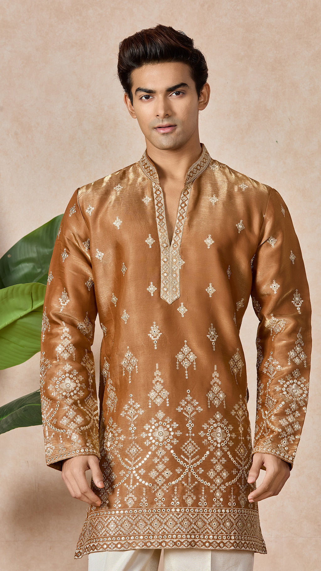 Bronze V-Neck Short Kurta Set for Men with Korean Pants