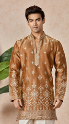 Bronze V-Neck Short Kurta Set for Men with Korean Pants