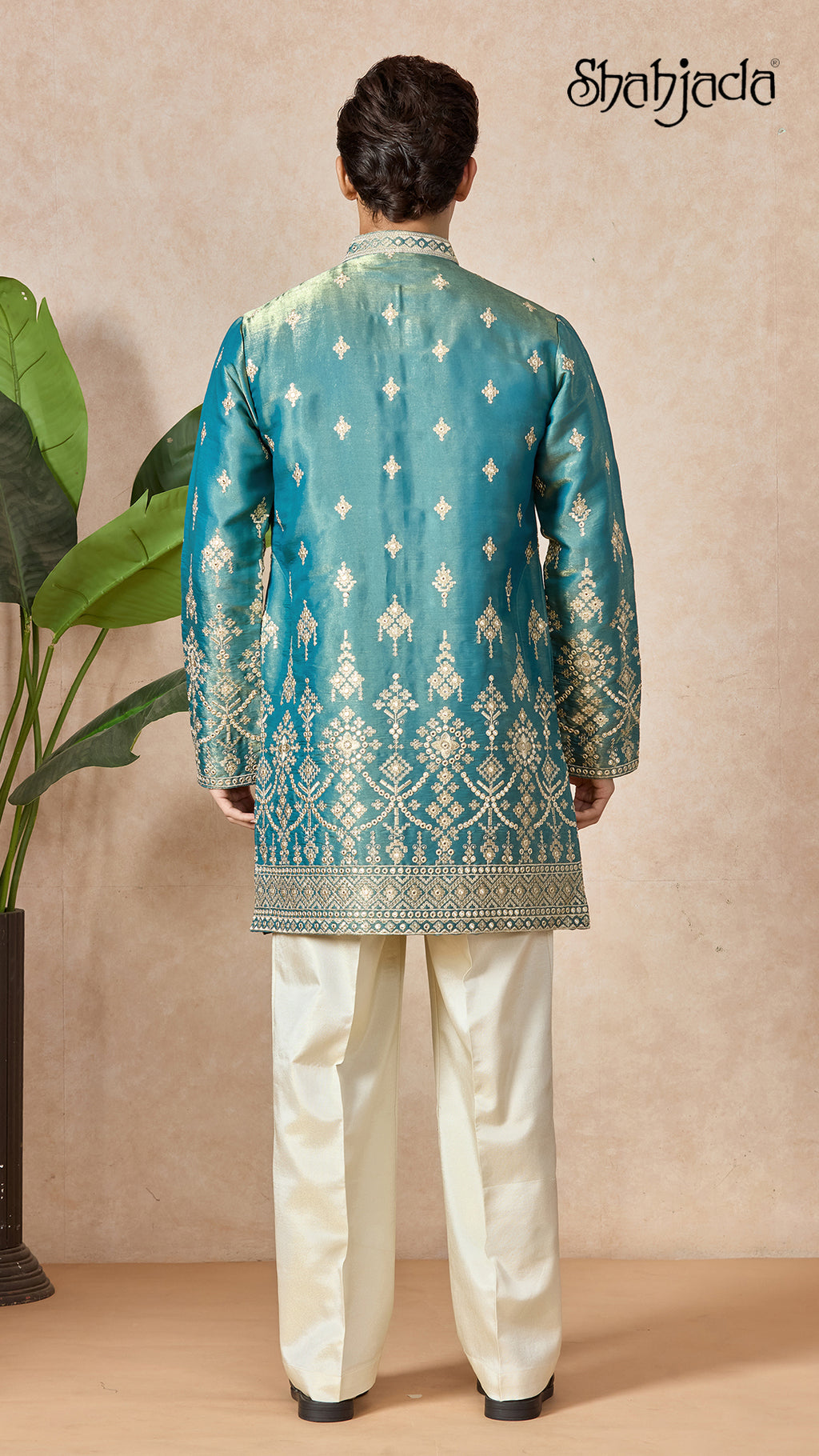 Aqua Blue V-Neck Short Kurta Set for Men with Korean Pants