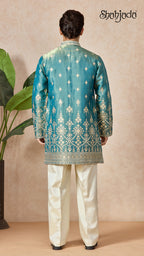Aqua Blue V-Neck Short Kurta Set for Men with Korean Pants