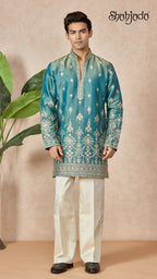 Aqua Blue V-Neck Short Kurta Set for Men with Korean Pants