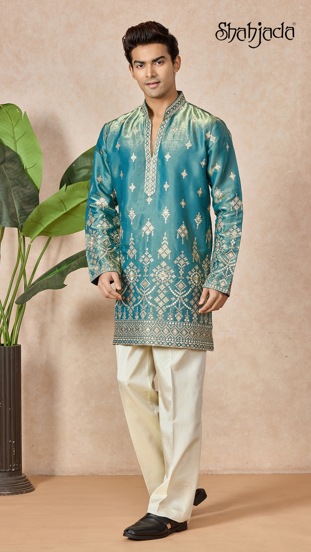 Aqua Blue V-Neck Short Kurta Set for Men with Korean Pants