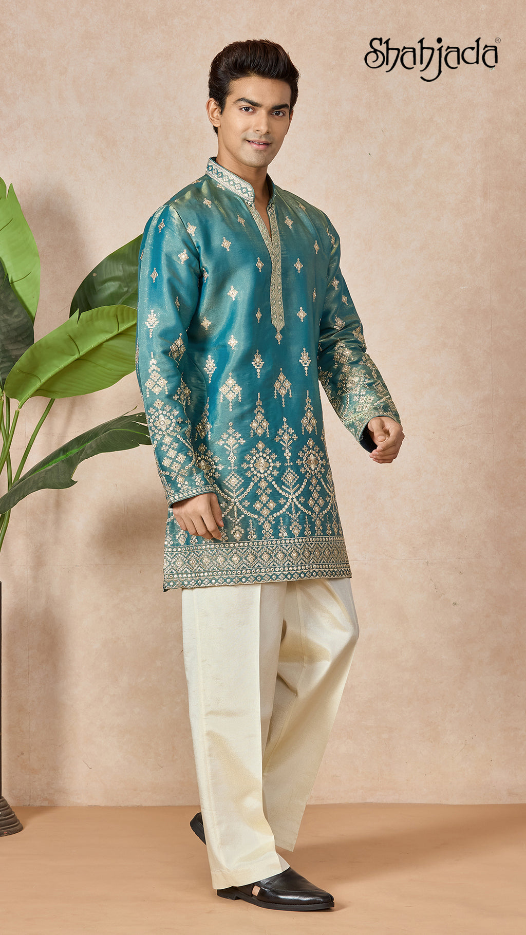 Aqua Blue V-Neck Short Kurta Set for Men with Korean Pants