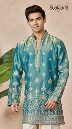 Aqua Blue V-Neck Short Kurta Set for Men with Korean Pants
