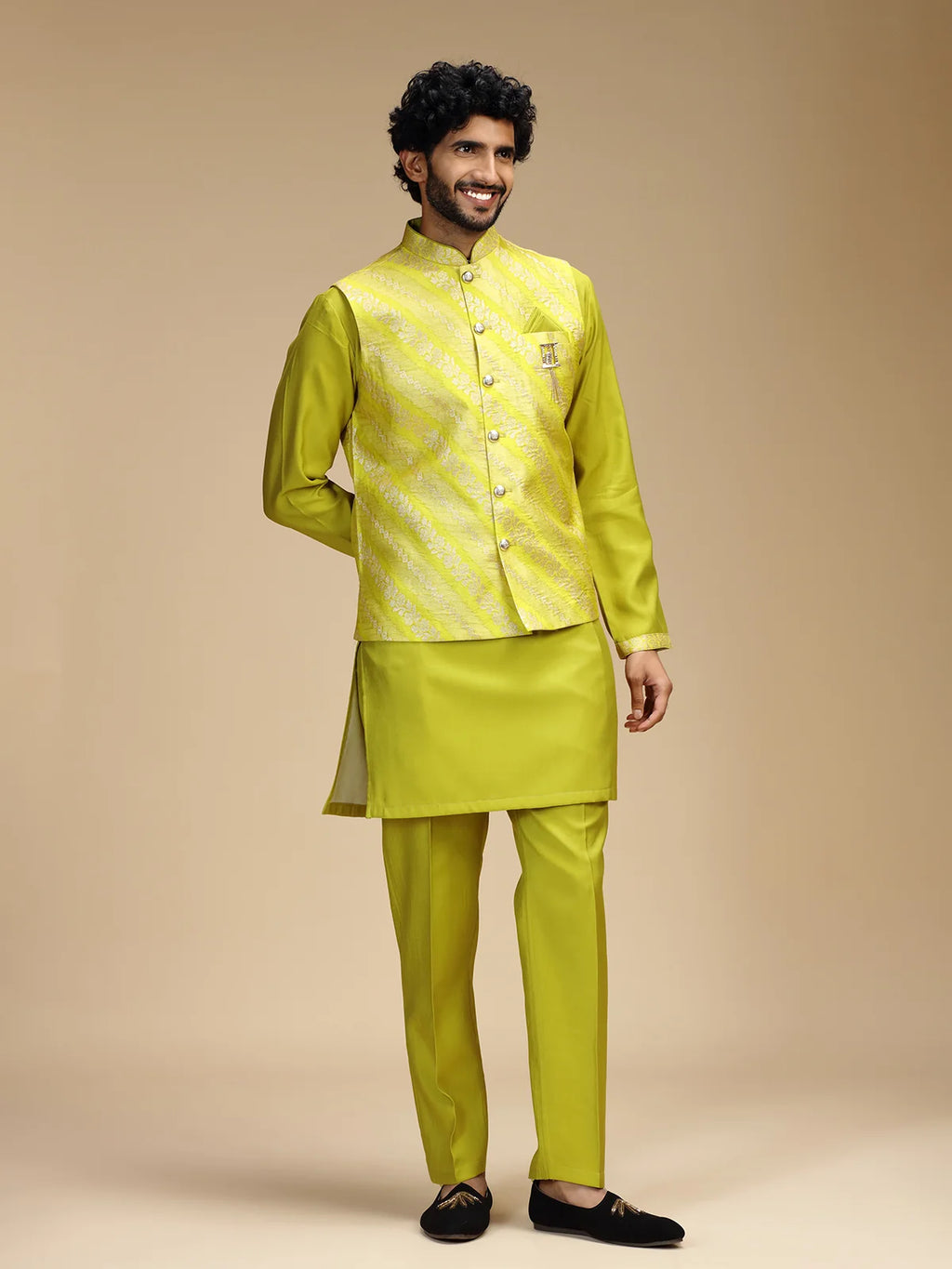 Yellow Embroidered Kurta Jacket Pant Set for Men with Mandarin Collar