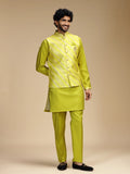 Yellow Embroidered Kurta Jacket Pant Set for Men with Mandarin Collar