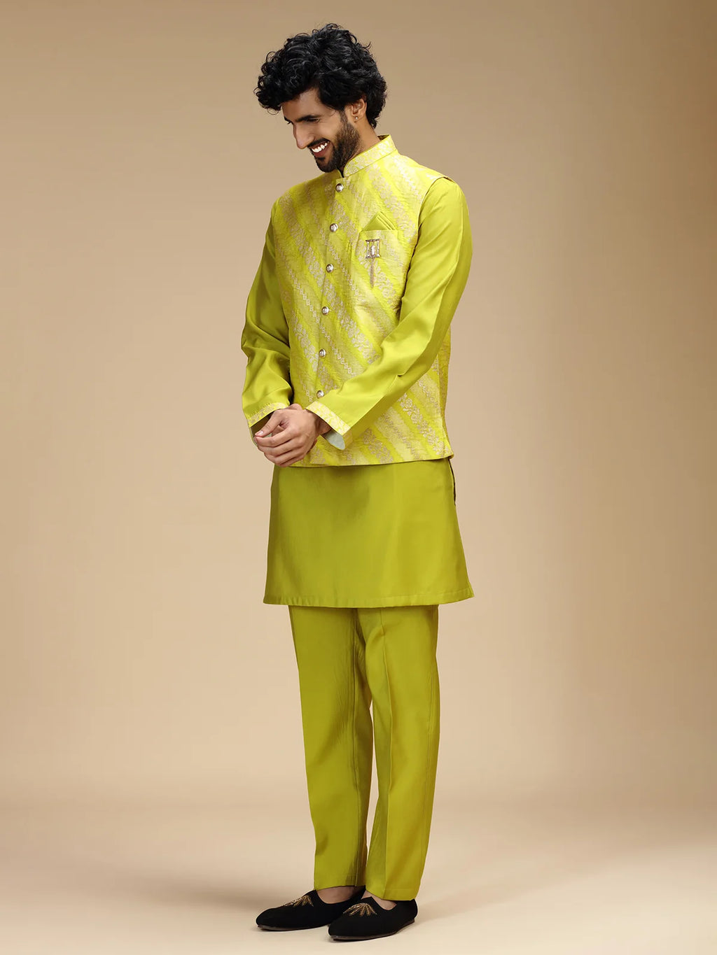 Yellow Embroidered Kurta Jacket Pant Set for Men with Mandarin Collar