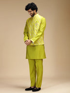 Yellow Embroidered Kurta Jacket Pant Set for Men with Mandarin Collar