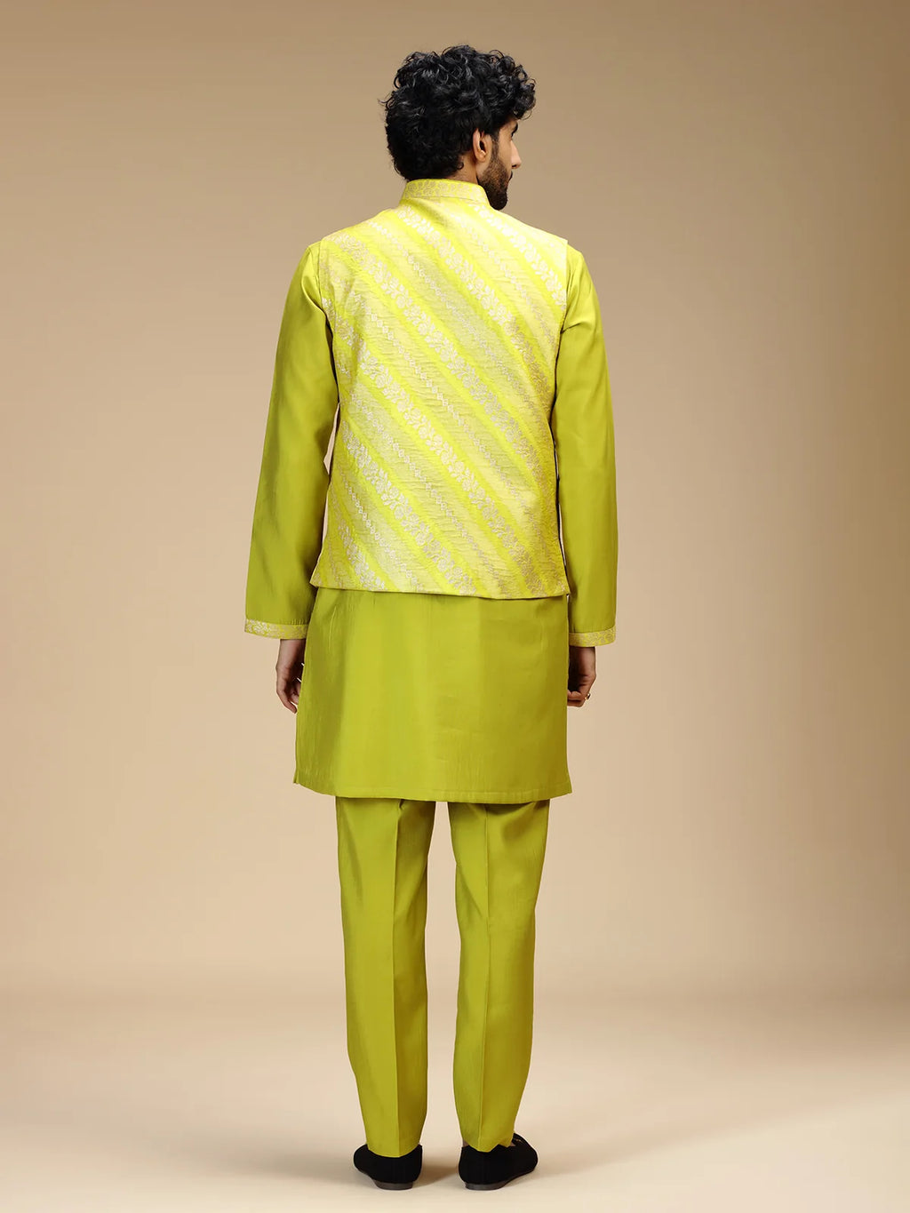 Yellow Embroidered Kurta Jacket Pant Set for Men with Mandarin Collar