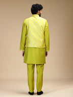 Yellow Embroidered Kurta Jacket Pant Set for Men with Mandarin Collar