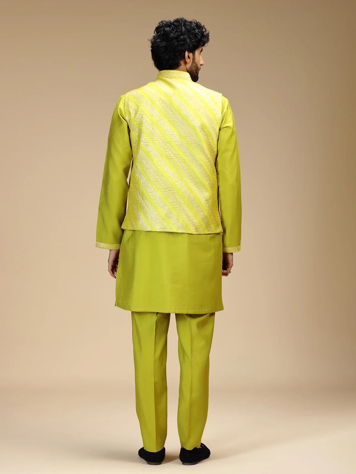 Yellow Embroidered Kurta Jacket Pant Set for Men with Mandarin Collar
