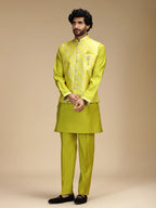 Yellow Embroidered Kurta Jacket Pant Set for Men with Mandarin Collar