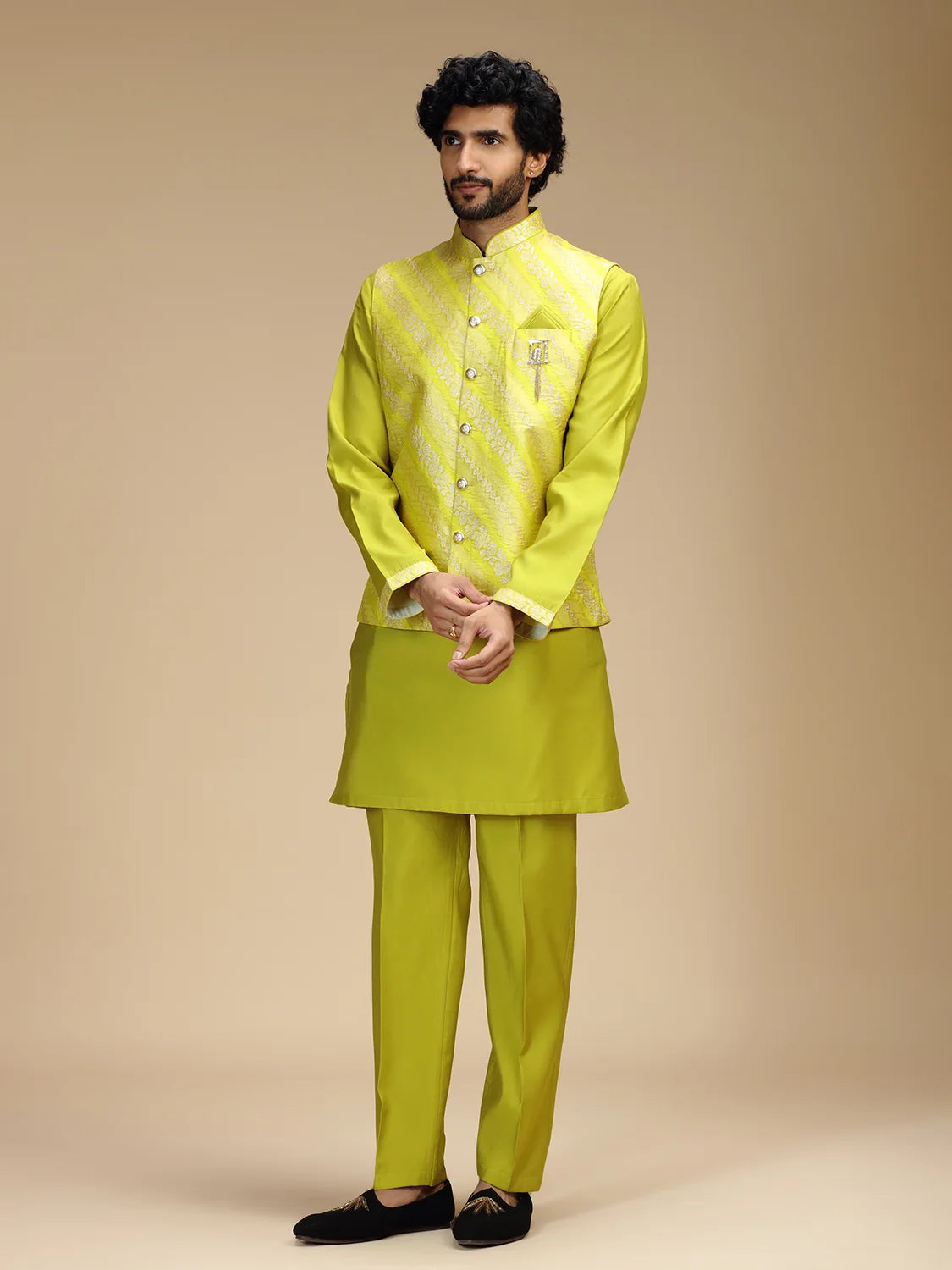 Yellow Embroidered Kurta Jacket Pant Set for Men with Mandarin Collar