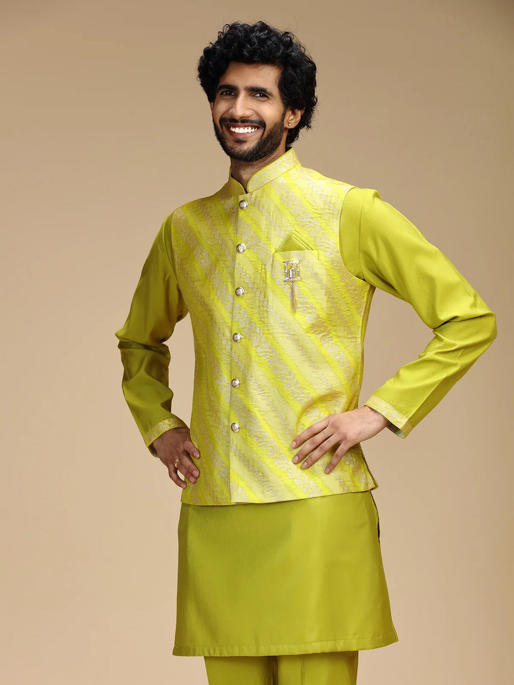 Yellow Embroidered Kurta Jacket Pant Set for Men with Mandarin Collar