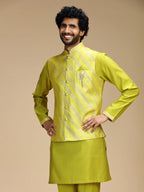 Yellow Embroidered Kurta Jacket Pant Set for Men with Mandarin Collar