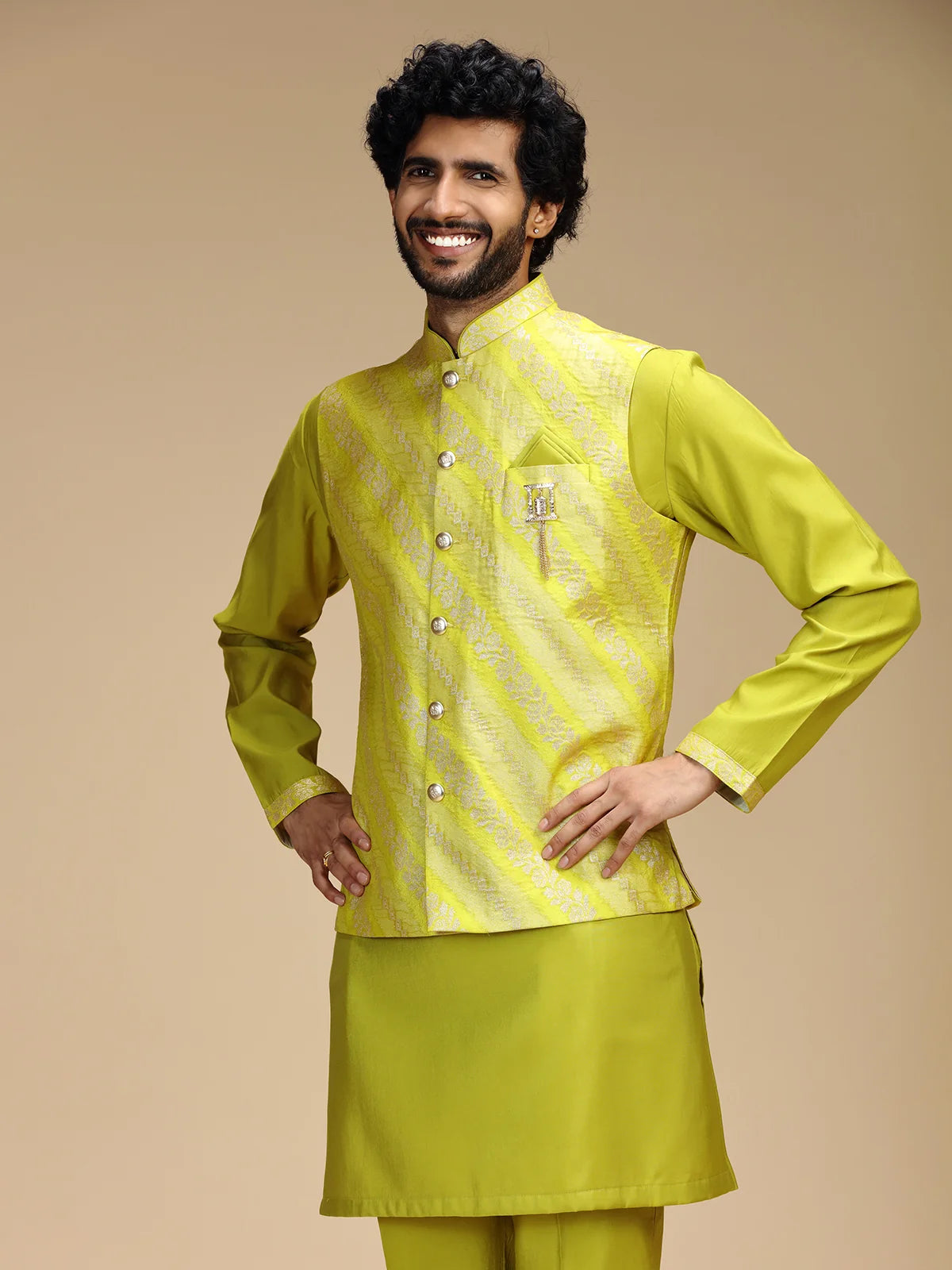 Yellow Embroidered Kurta Jacket Pant Set for Men with Mandarin Collar