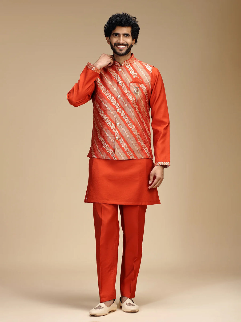 Rustic Orange Embroidered Kurta Jacket Pant Set for Men with Mandarin Collar