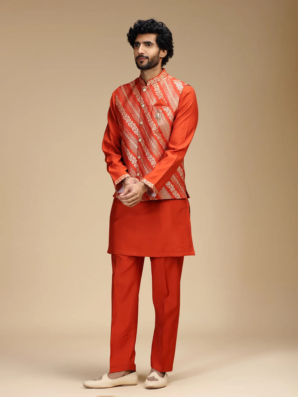 Rustic Orange Embroidered Kurta Jacket Pant Set for Men with Mandarin Collar