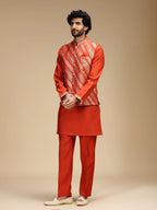 Rustic Orange Embroidered Kurta Jacket Pant Set for Men with Mandarin Collar