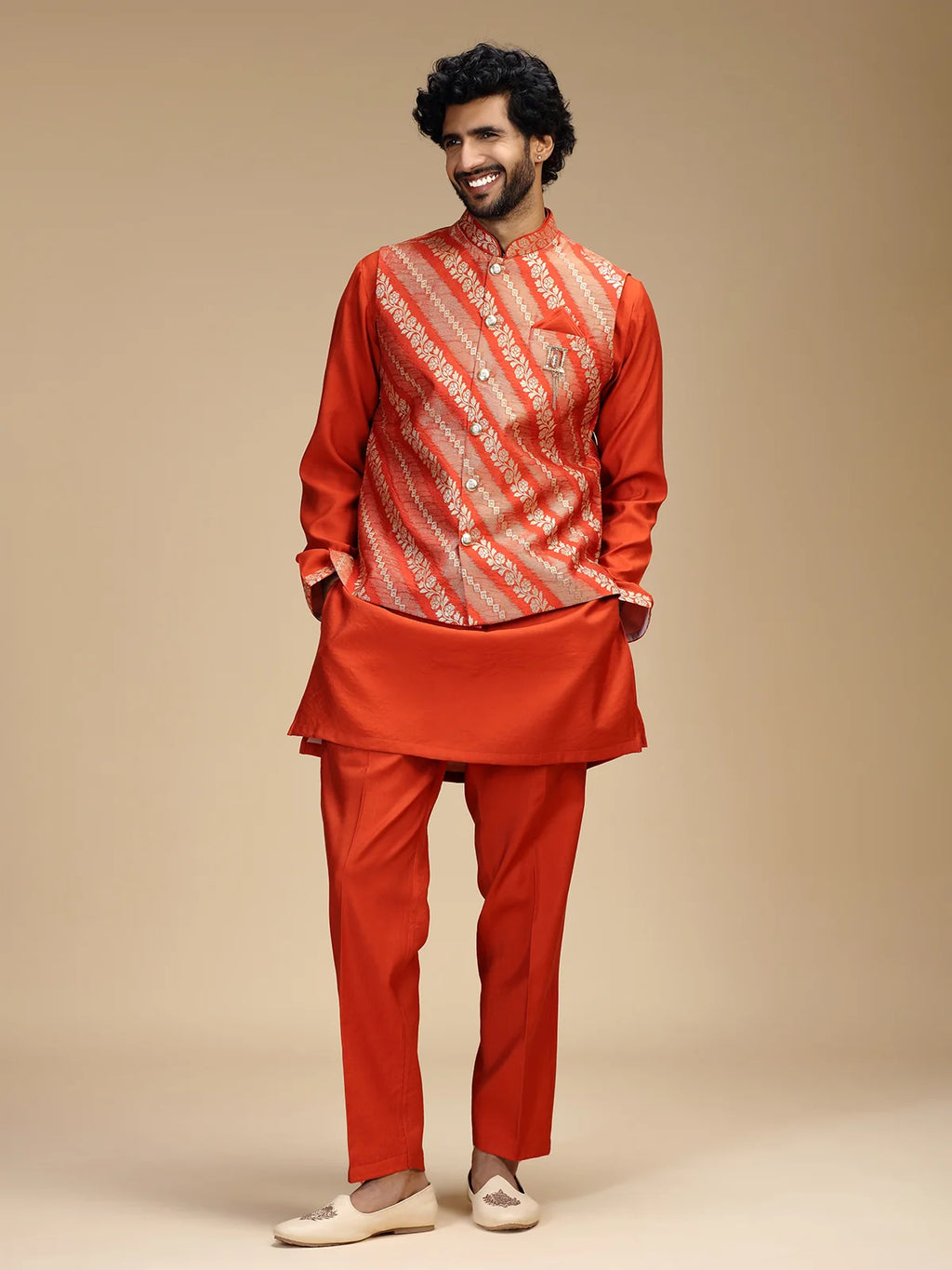 Rustic Orange Embroidered Kurta Jacket Pant Set for Men with Mandarin Collar