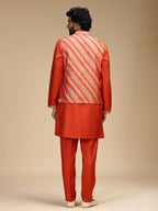 Rustic Orange Embroidered Kurta Jacket Pant Set for Men with Mandarin Collar