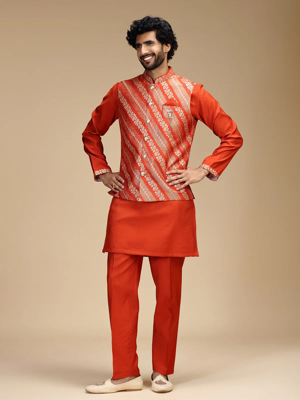 Rustic Orange Embroidered Kurta Jacket Pant Set for Men with Mandarin Collar