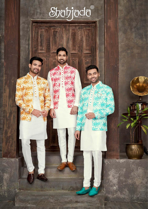 Art Silk Kurta Jacket Set with Pants for Men
