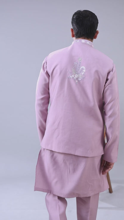 Raw Silk Men's Kurta Jacket Set Pastel Pink
