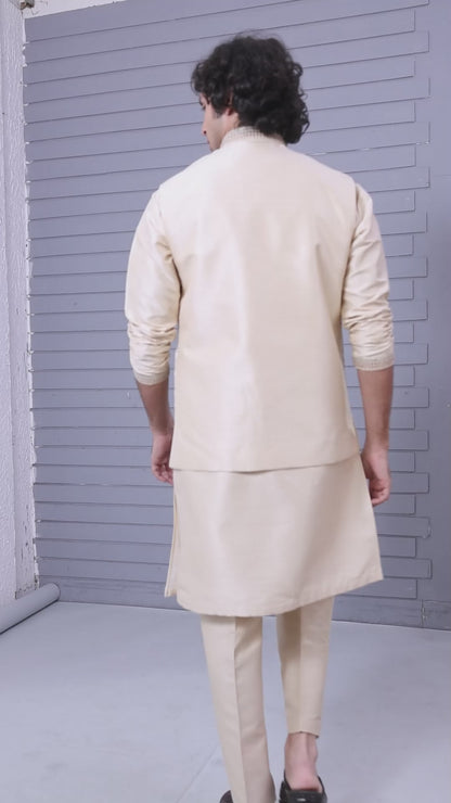 Stylish beige Men’s Kurta Jacket Set in Raw Silk for Wedding and Engagement