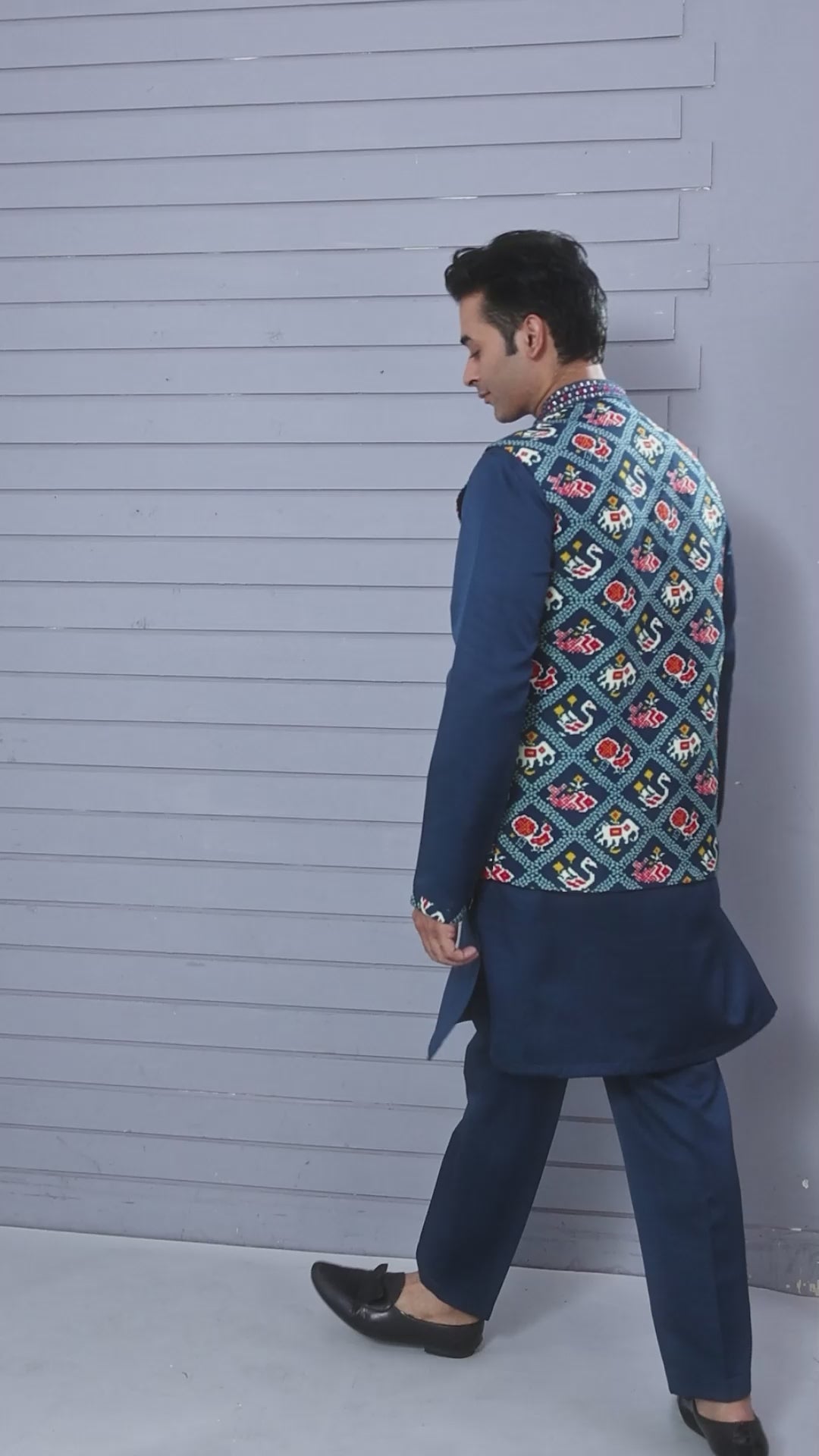 Festive Occasion Patola Printed Royal Blue Men’s Kurta Jacket Set