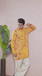 Gold V-Neck Short Kurta Set for Men with Korean Pants