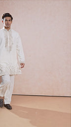 Cream V-Neck Short Kurta Set for Men with Korean Pants