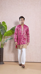 Ranee Pink V-Neck Short Kurta Set for Men with Korean Pants