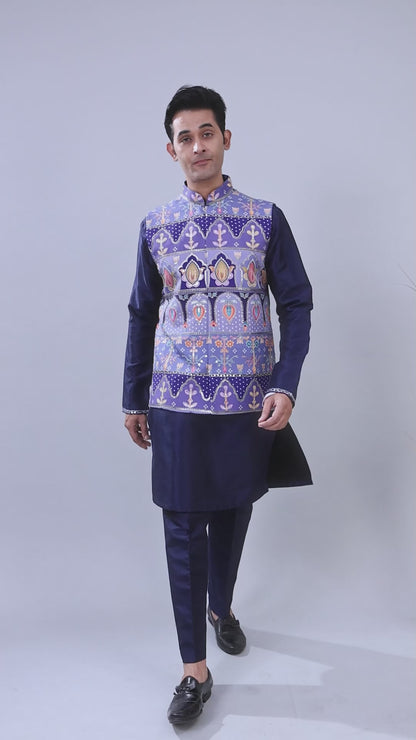 Men's Navy Raw Silk Kurta Jacket Set in Classic Fit