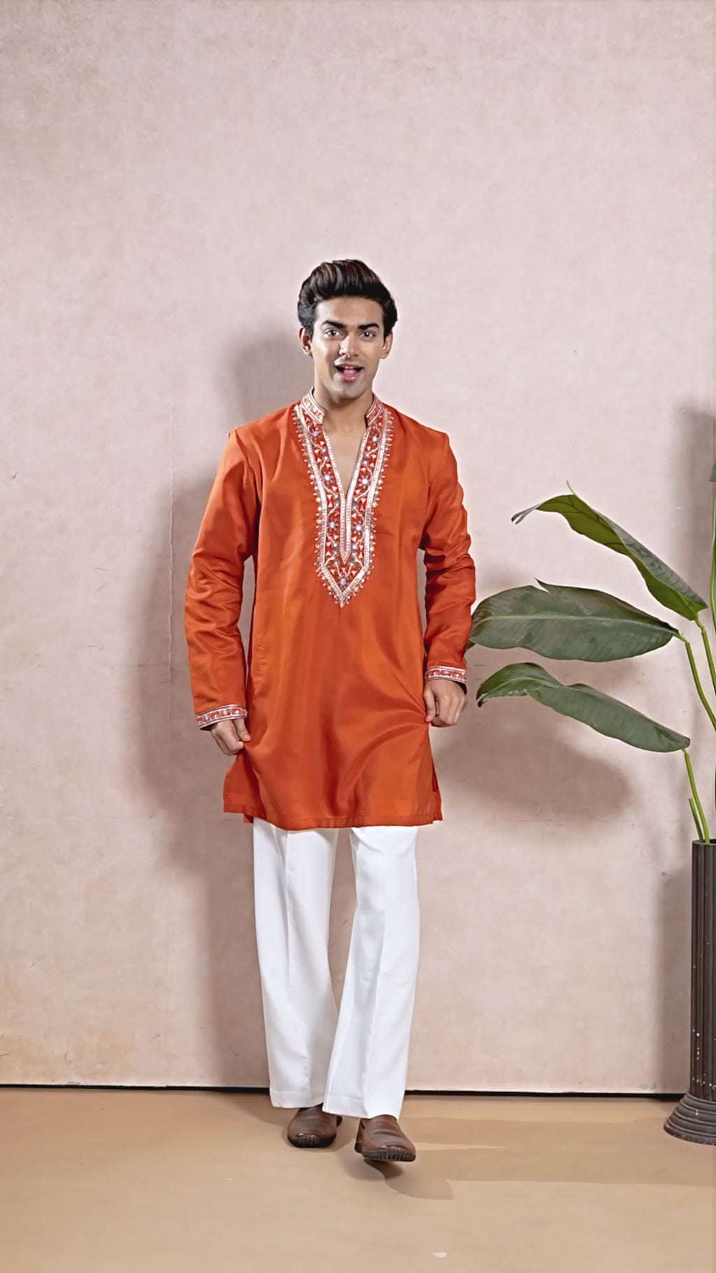 Orange V-Neck Short Kurta Set for Men with Korean Pants