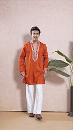 Orange V-Neck Short Kurta Set for Men with Korean Pants