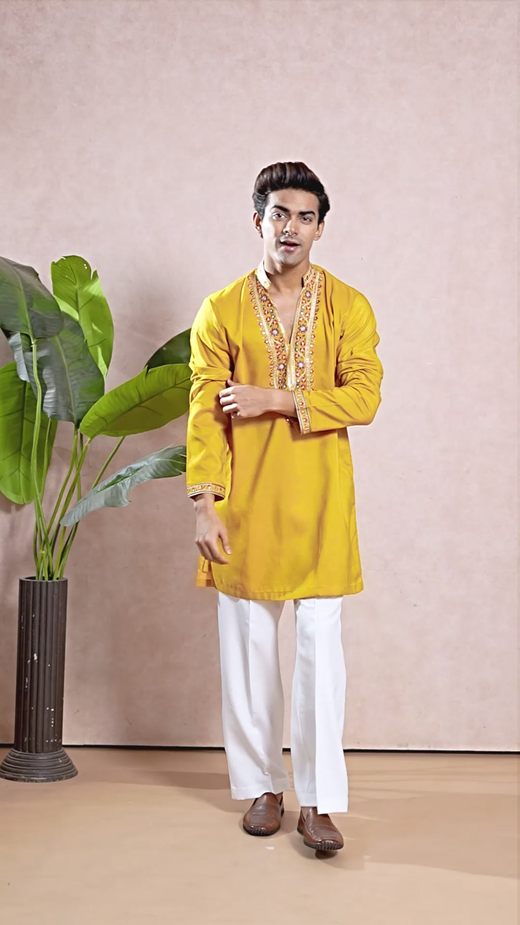Yellow V-Neck Short Kurta Set for Men with Korean Pants