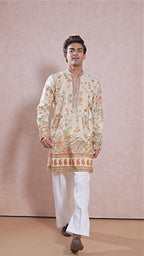 Beige V-Neck Short Silk Fabric Kurta Set for Men with Korean Pants