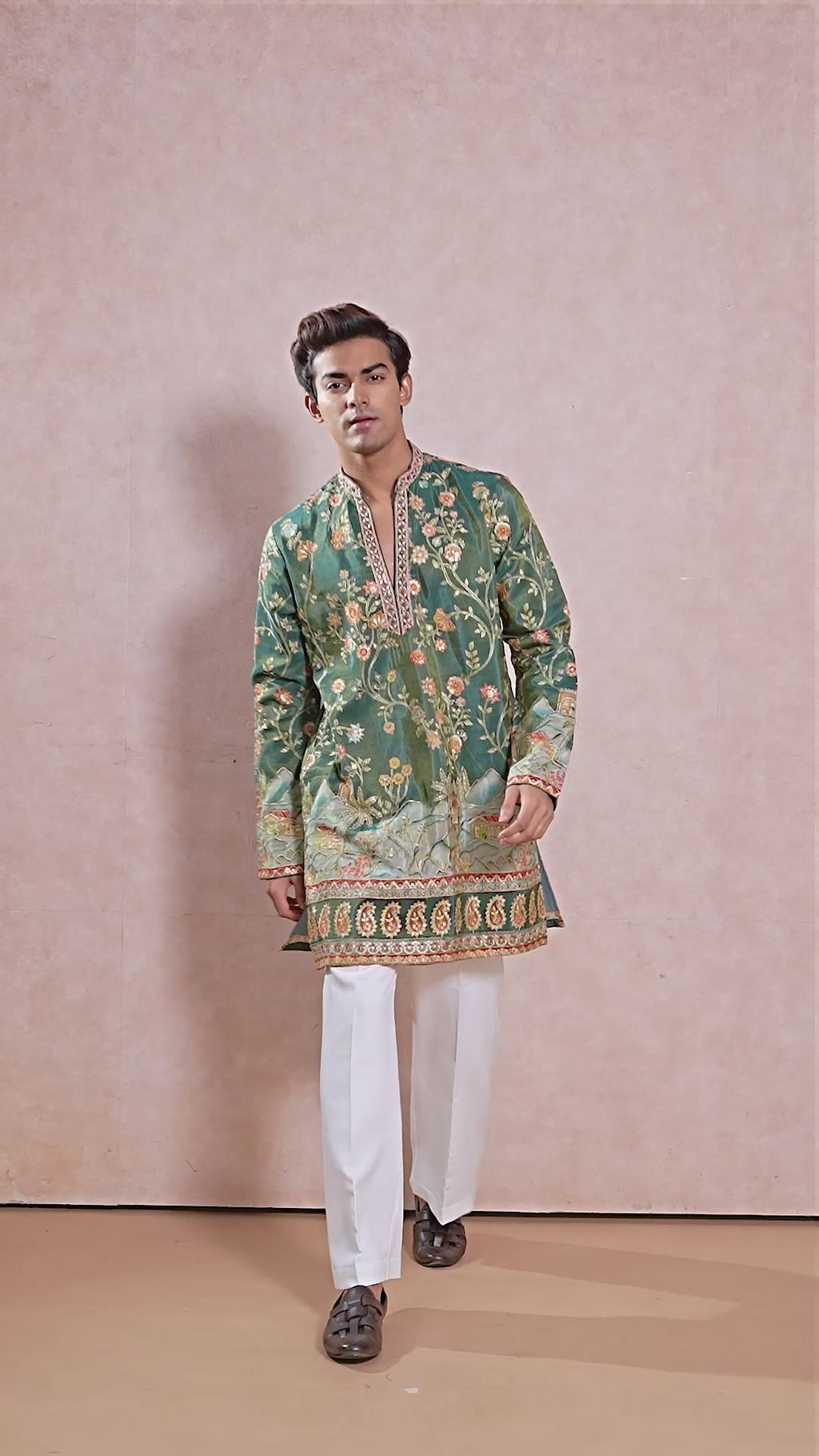 Mehendi Green V-Neck Short Kurta Set for Men with Korean Pants