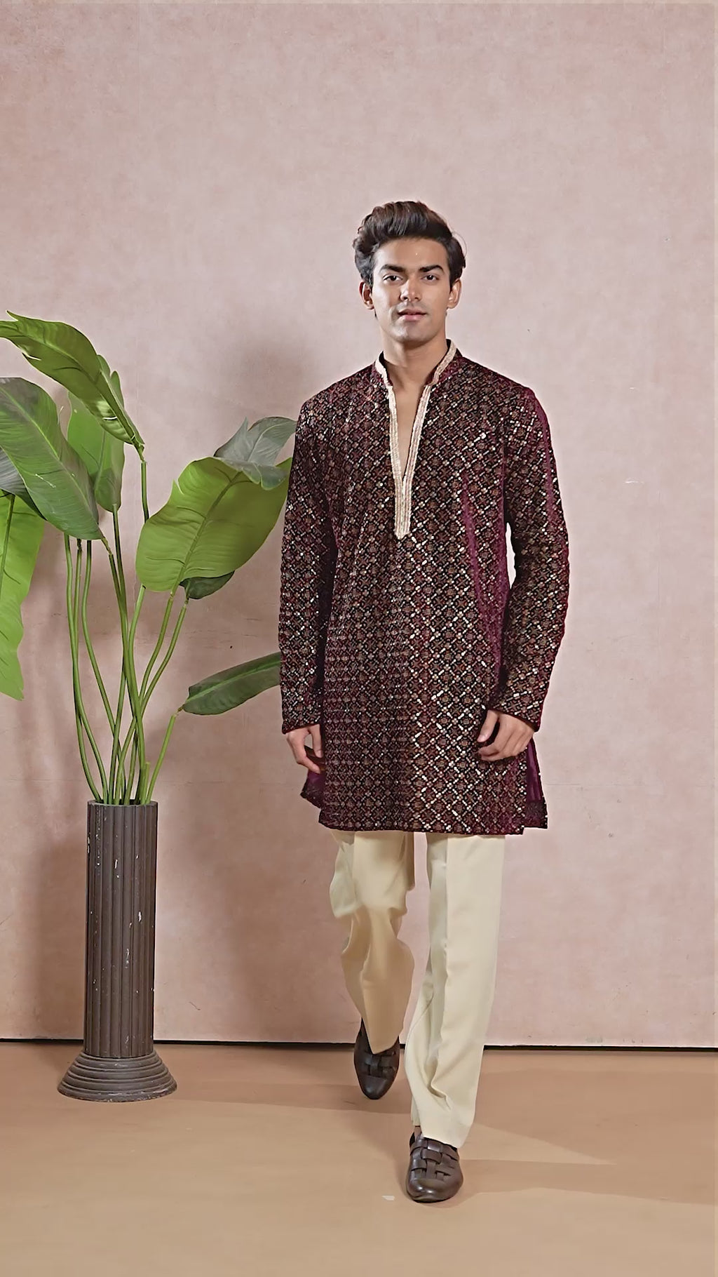 Wine V-Neck Short Kurta Set for Men with Korean Pants