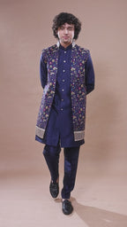 Navy Men's Indo-western in Raw silk with Elegance Embroidery work