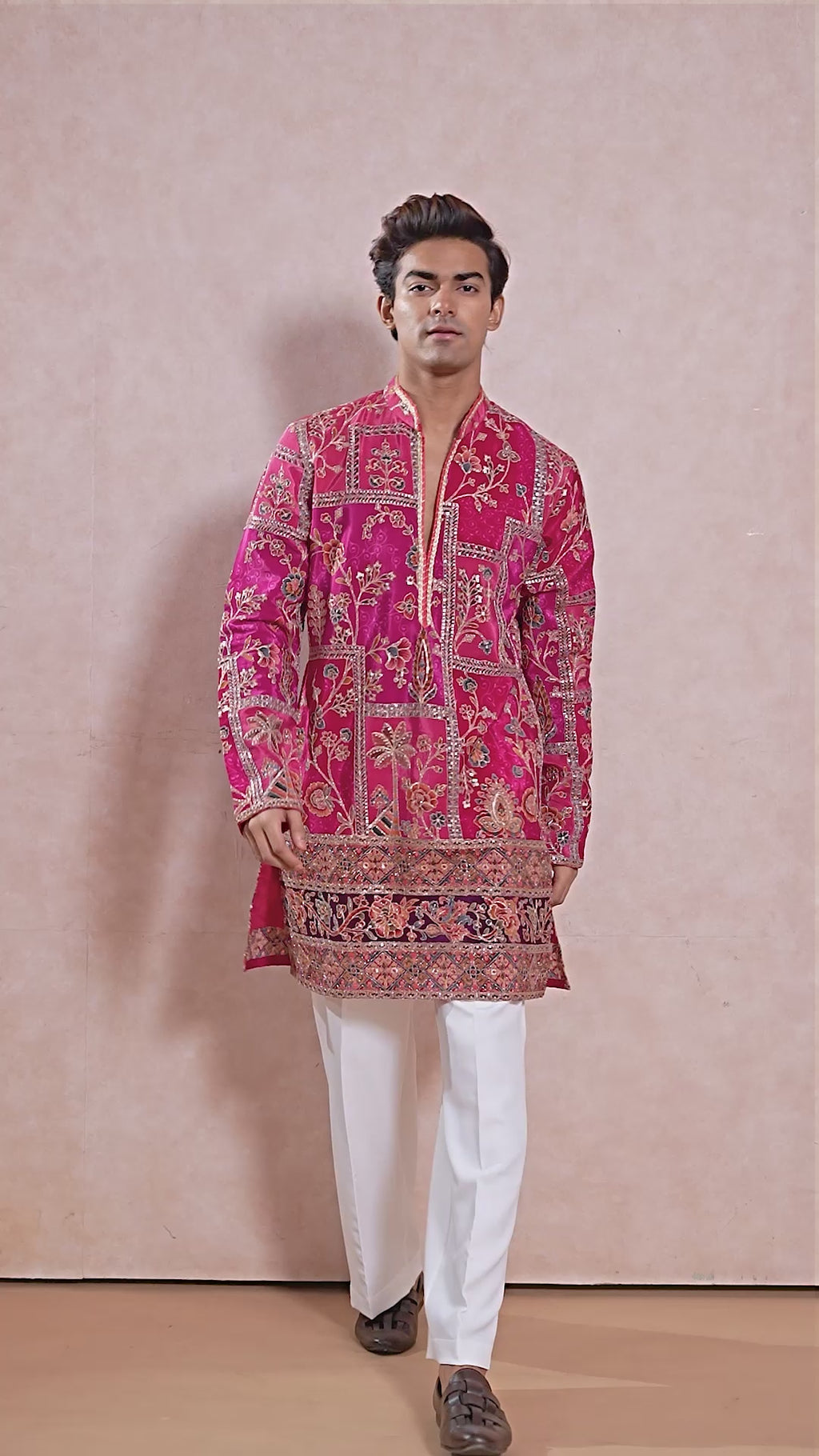 Ranee Pink V-Neck Short Kurta Set for Men with Korean Pants