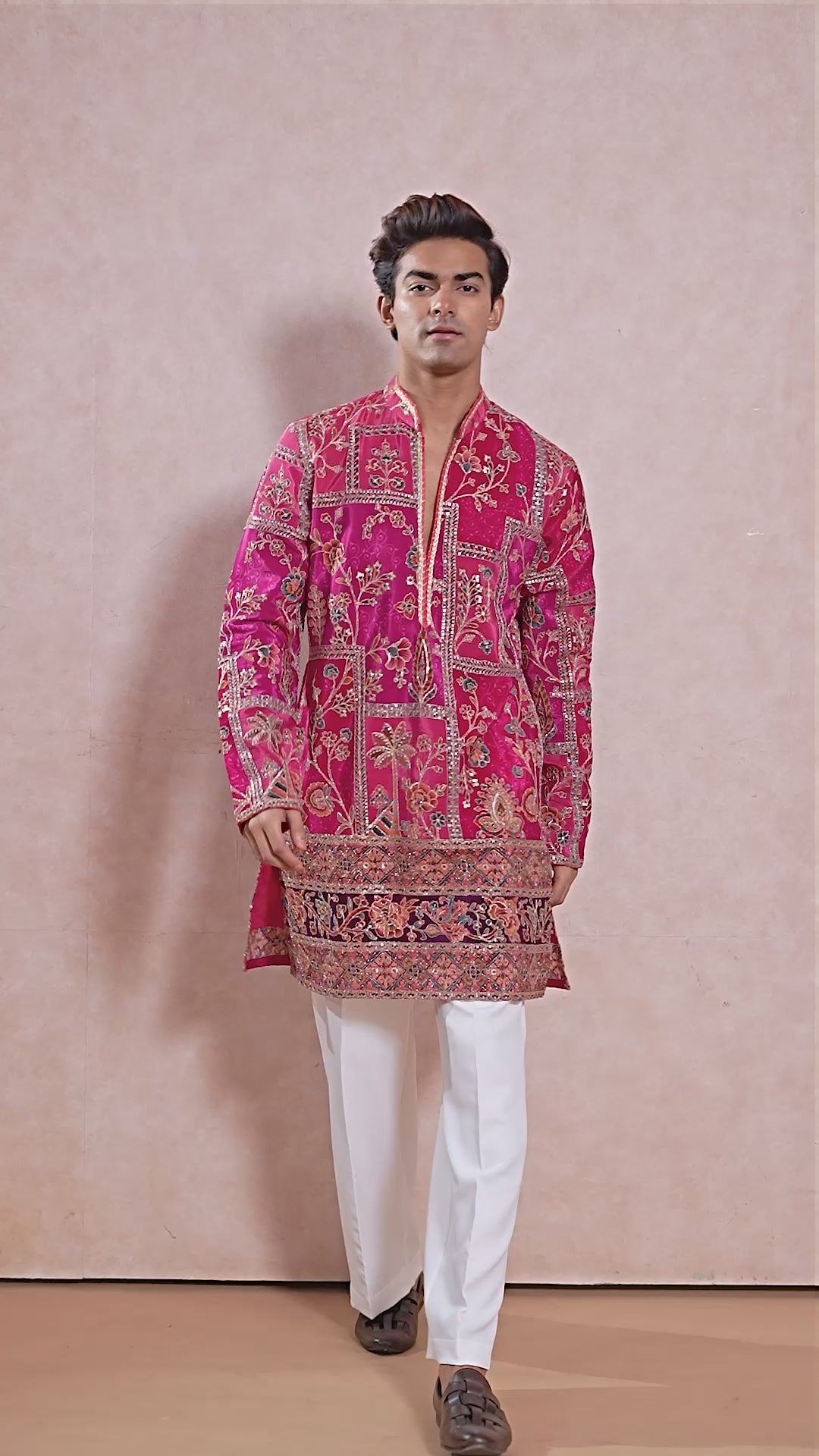 Ranee Pink V-Neck Short Kurta Set for Men with Korean Pants