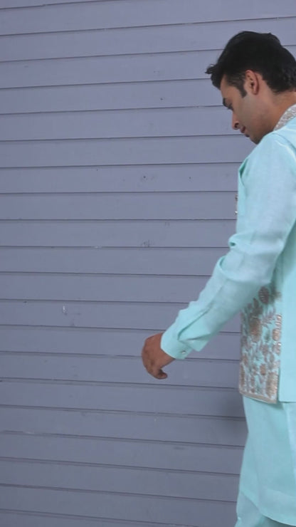 Wedding and Engagement Wear Sea Blue Men’s Kurta Jacket Set