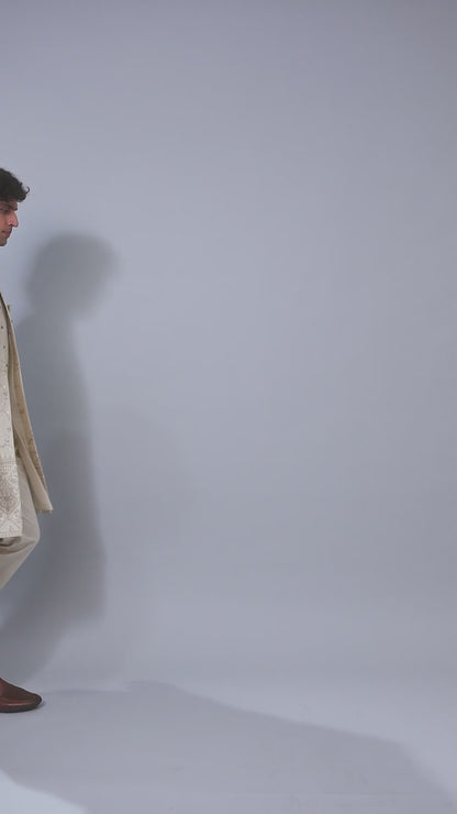 Engagement Wear Men's Cream Raw Silk Indo-western