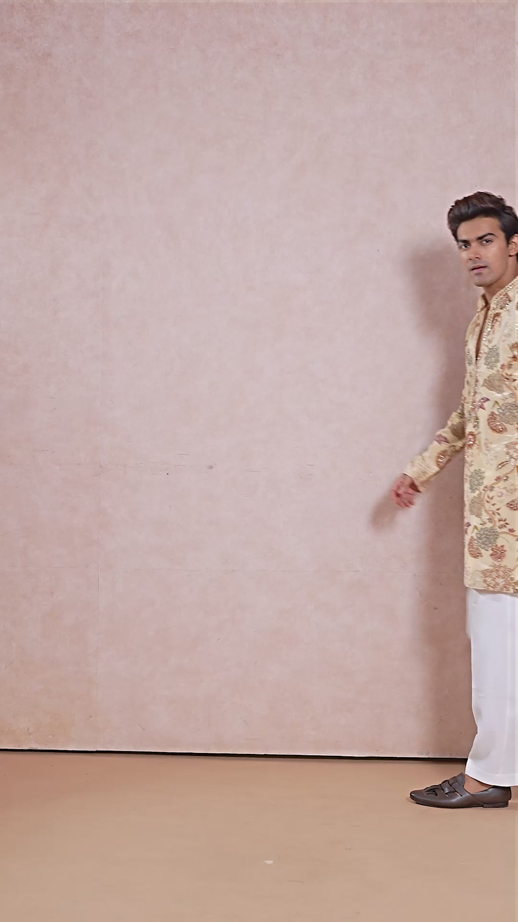 Beige V-Neck Embroidery Short Kurta Set for Men with Korean Pants