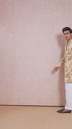 Beige V-Neck Embroidery Short Kurta Set for Men with Korean Pants