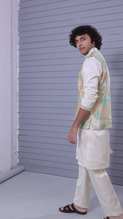 Men's Beige Kurta Jacket Set in Raw Silk