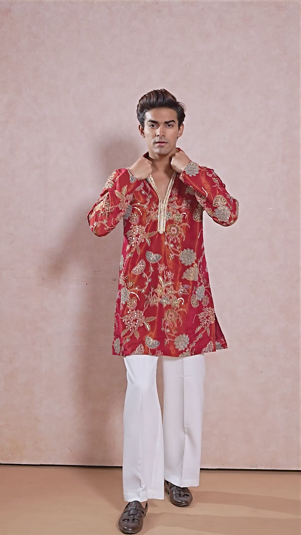 Orange Floral V-Neck Short Kurta Set for Men with Korean Pants