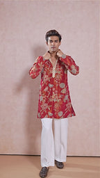 Orange Floral V-Neck Short Kurta Set for Men with Korean Pants